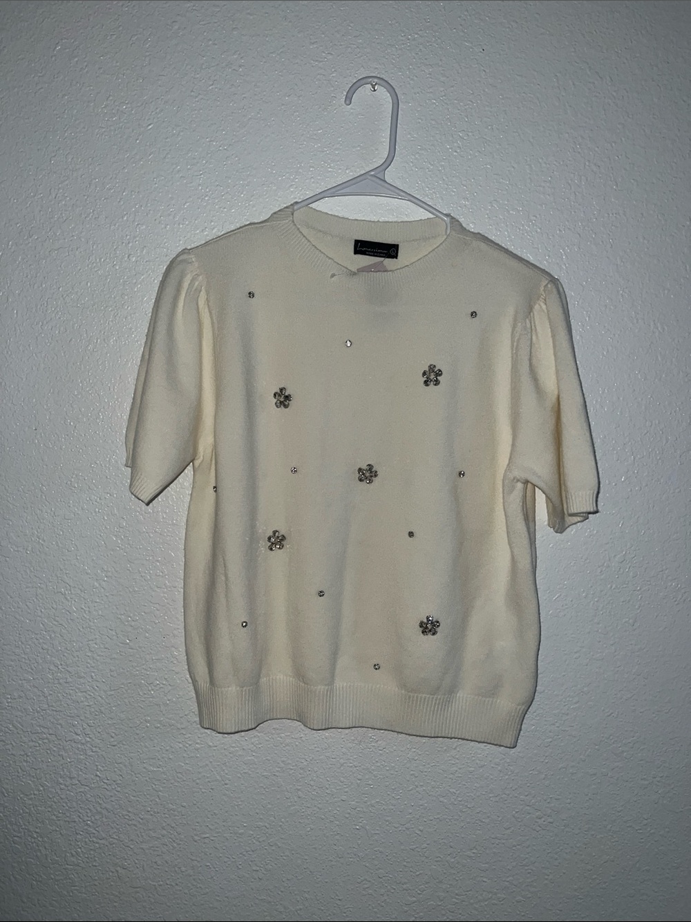 Marciano Cream Crewneck Sweater with Crystal Floral Accents